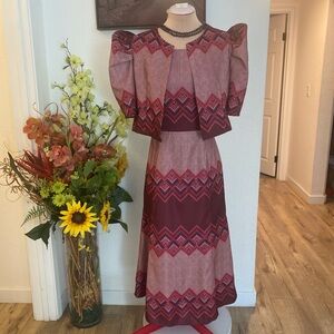 Vintage Filipiniana Burgundy Patterned Two-Piece Bolero Dress Set fits XS to M